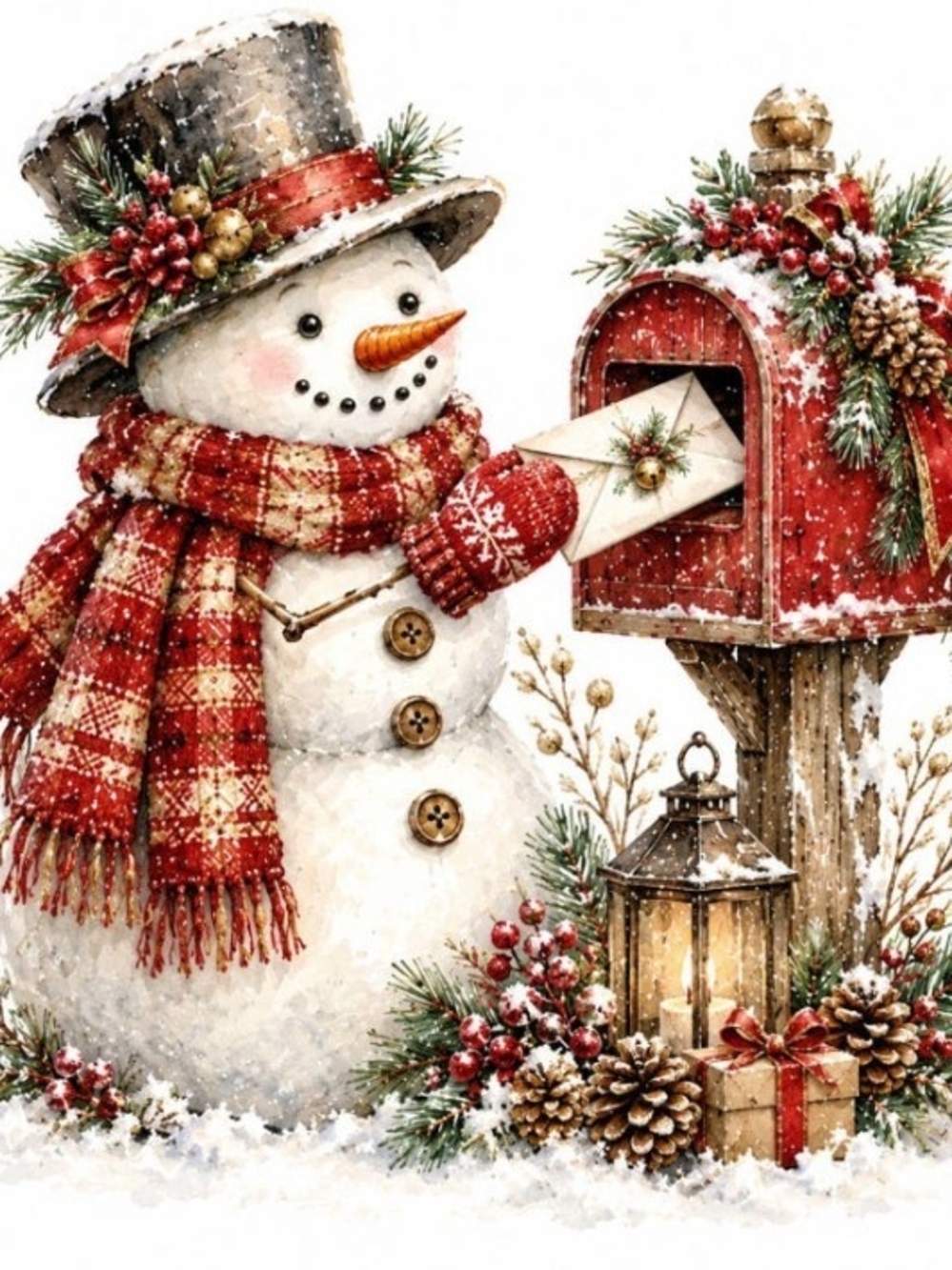 Holiday Snowman Decorative Print - Red Scarf & Hat 8x10